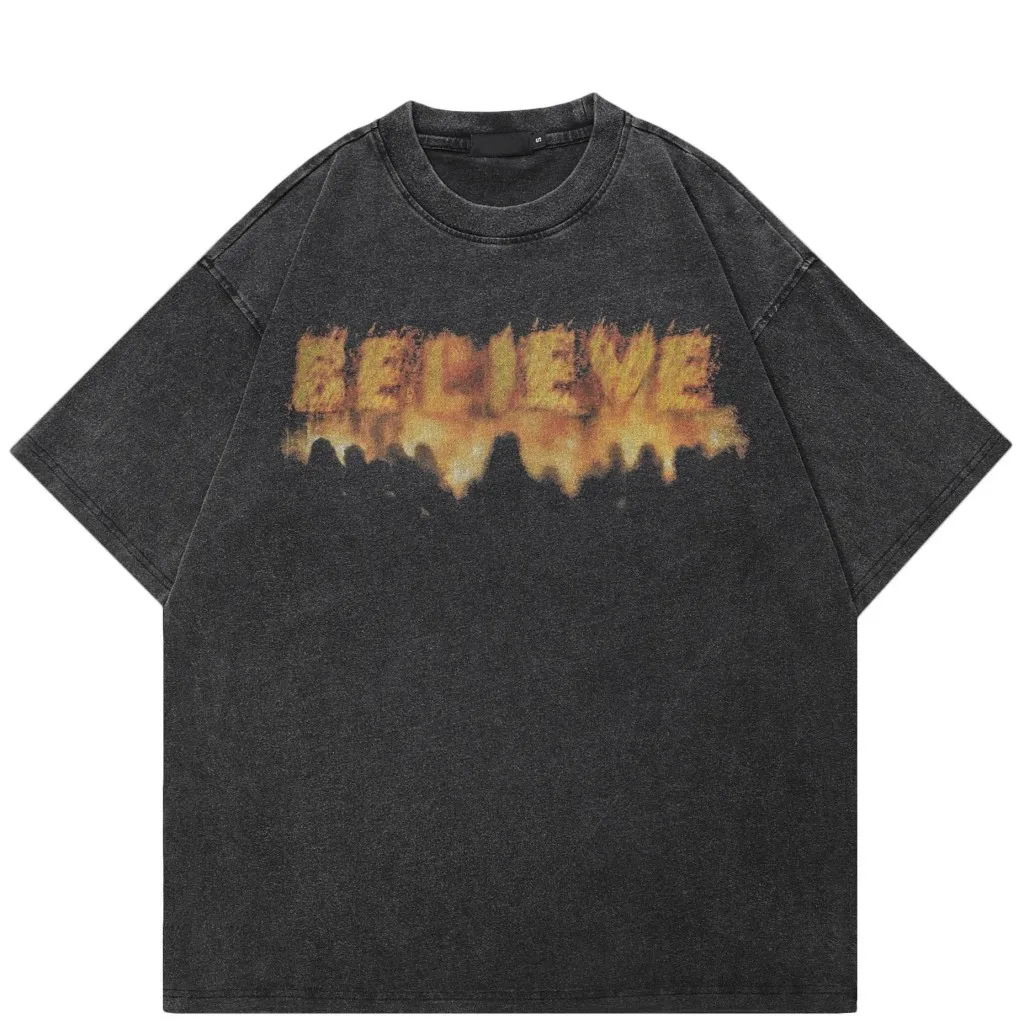 Harajuku believe flame printingt t-shirt men's women's clothing fashion washed cotton summer short sleeve t-shirt tops