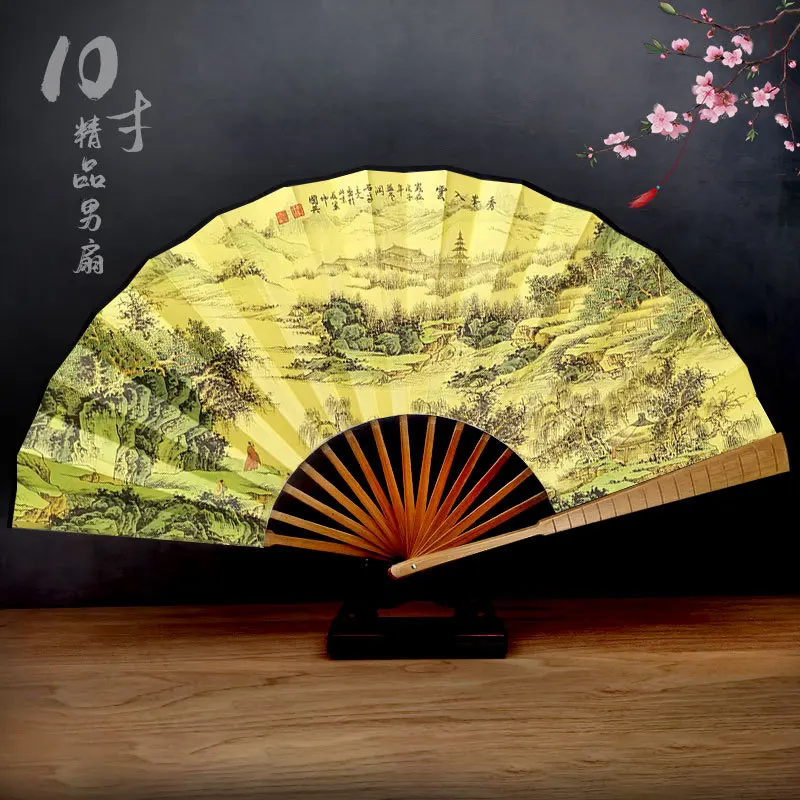 Çin thunder yeşil bambu festivali 10-inch erkek fan ipek kumaş retro katlanır antika yelpaze Hanfu taşınabilir hediye fan