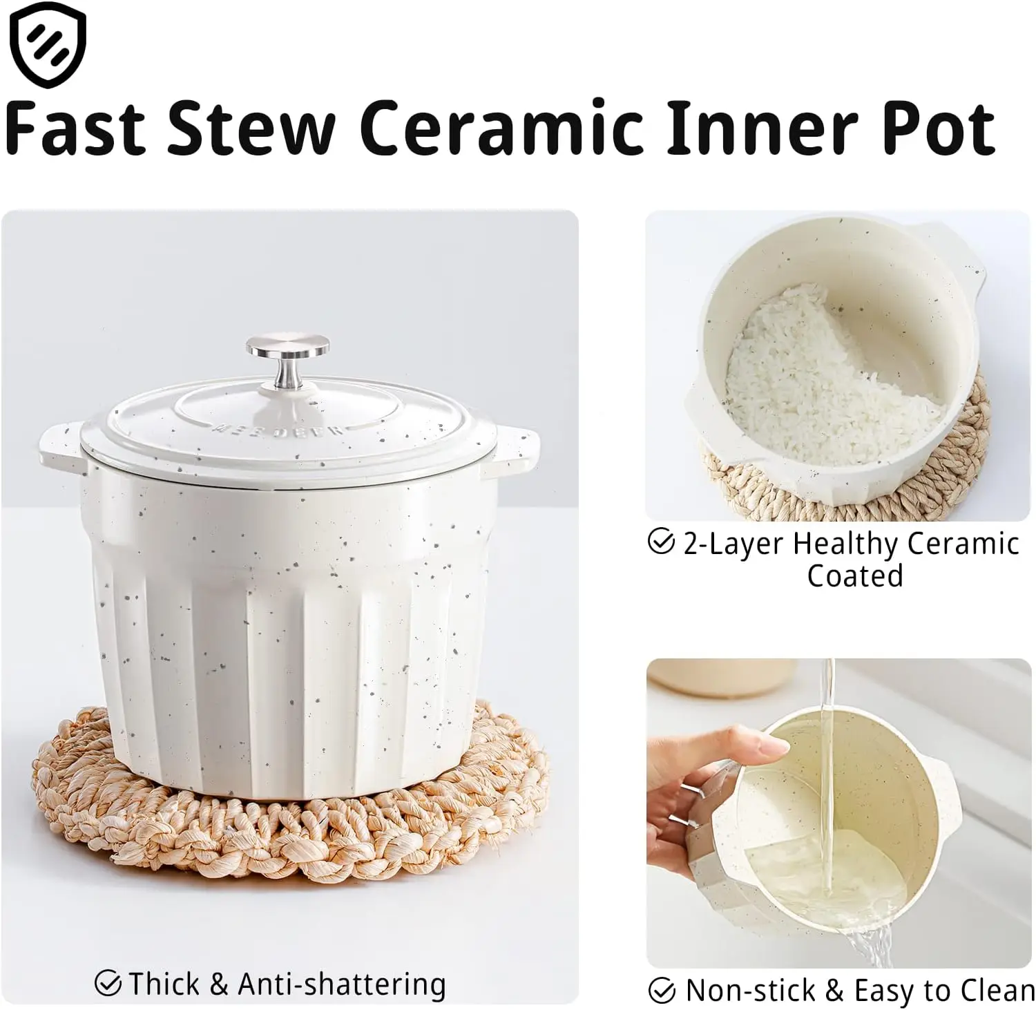 흰색 소형 슬로우 쿠커, 스마트 약속, 세라믹 인테리어 냄비, 자동 다기능 밥솥, 전기 스튜, 요구르트, 1QT