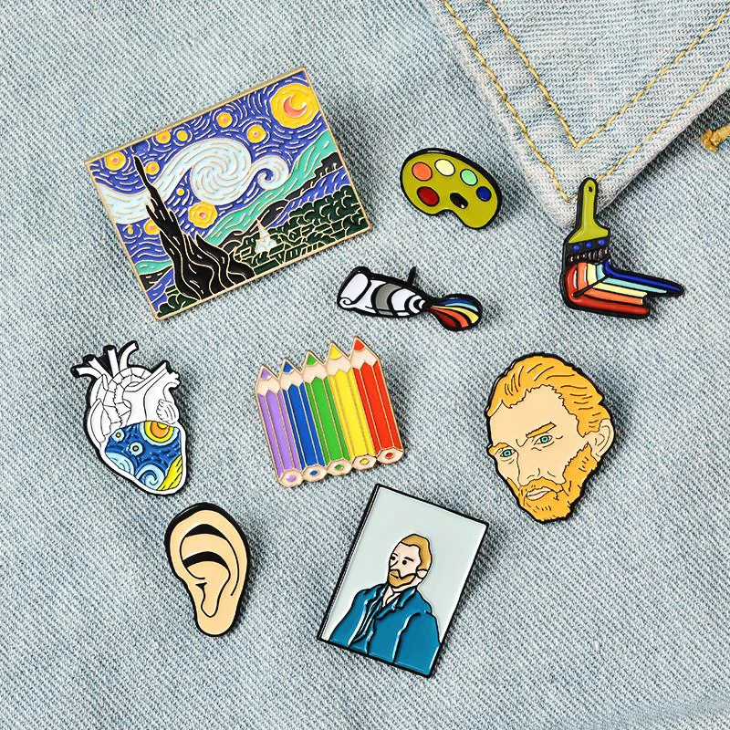 Art Oil Painting Pines Badge Shirt Lapel Pins Buckle Jewelry Gift for Friend Genius Painter Van Gogh Enamel Pins Custom Brush