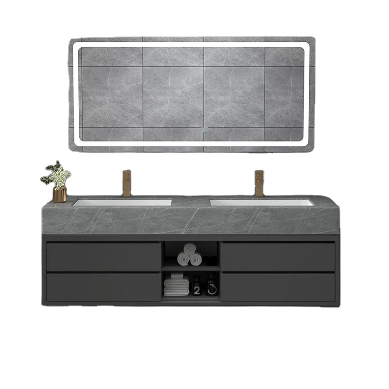 Modern Bathroom Vanity Cabinet Sets Double Sink Sintered Stone Bathroom Vanity with Mirror