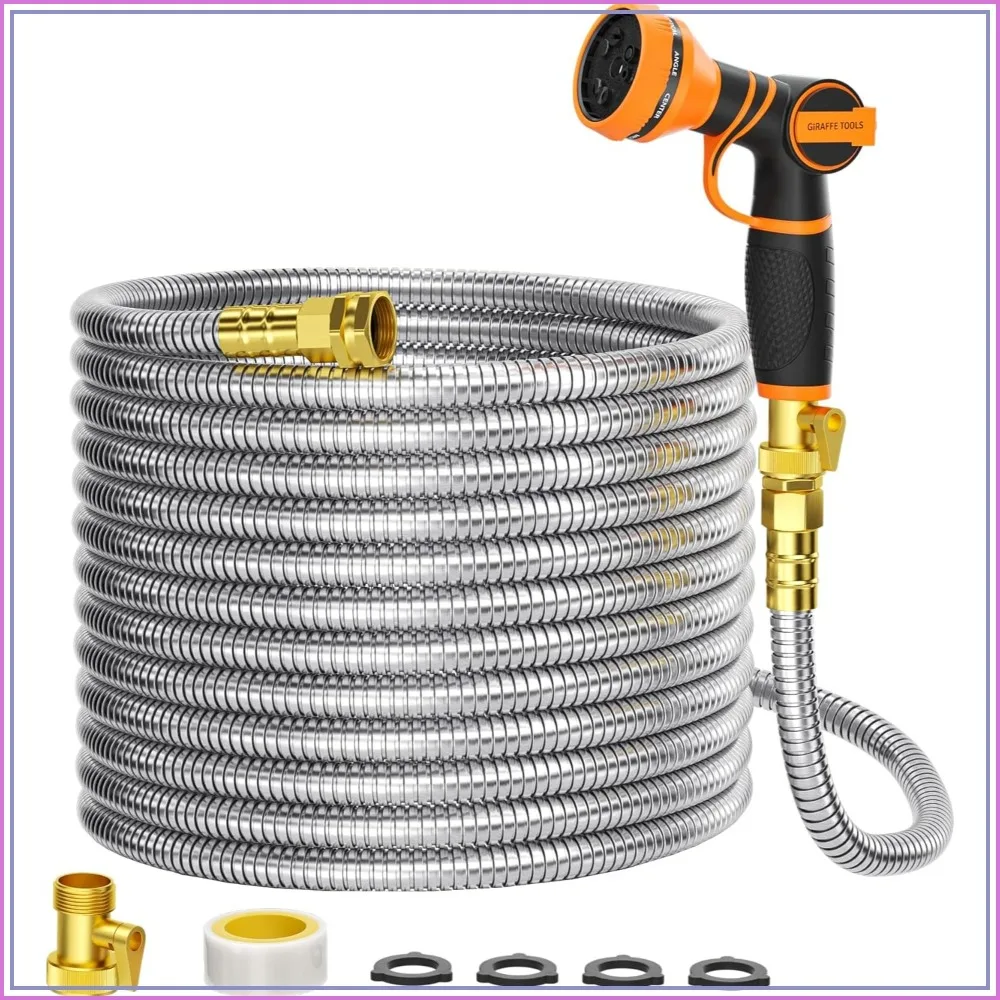 

100ft x 5/8" Garden Hose, 304 Stainless Steel Metal Water Hose, No Kink, Flexible, Lightweight with 9 Pattern Nozzle