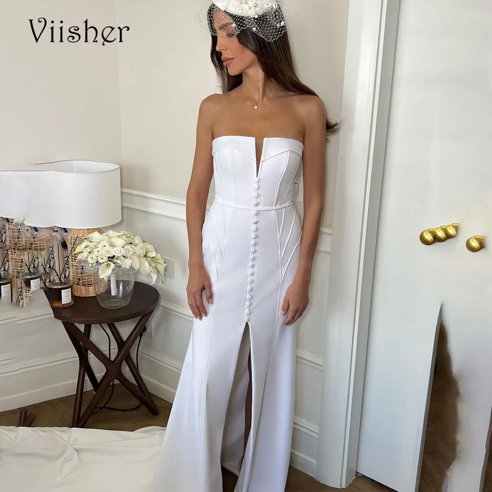 

Viisher White Mermaid Starpless Wedding Dresses Front Buttons Split Bridesmaid Dress Sleeveless Beach Long Wedding Bridal Gowns