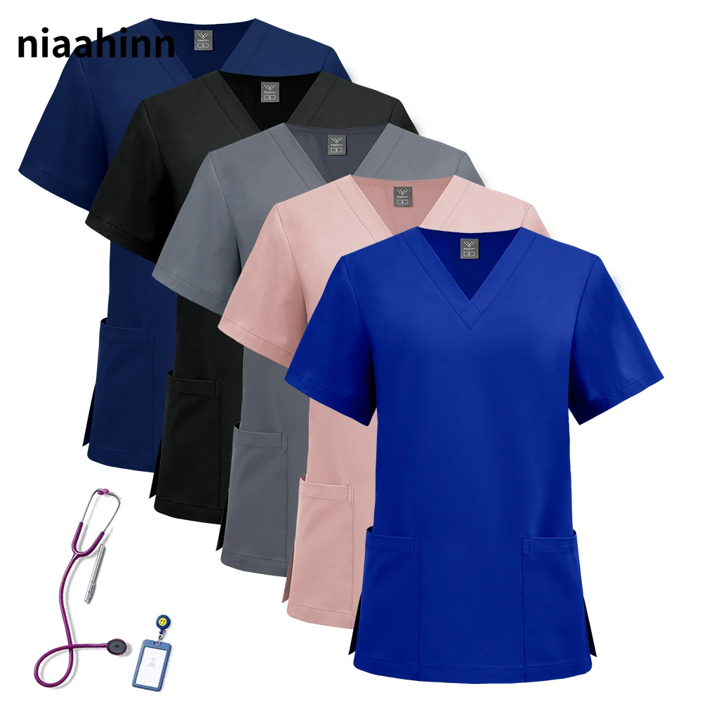 Elasticity Casual Nurse Blouse Solid Color Scrubs Tops Women Pet Clinic V-neck Workwear Pocket Protection Doctor Working Clothes