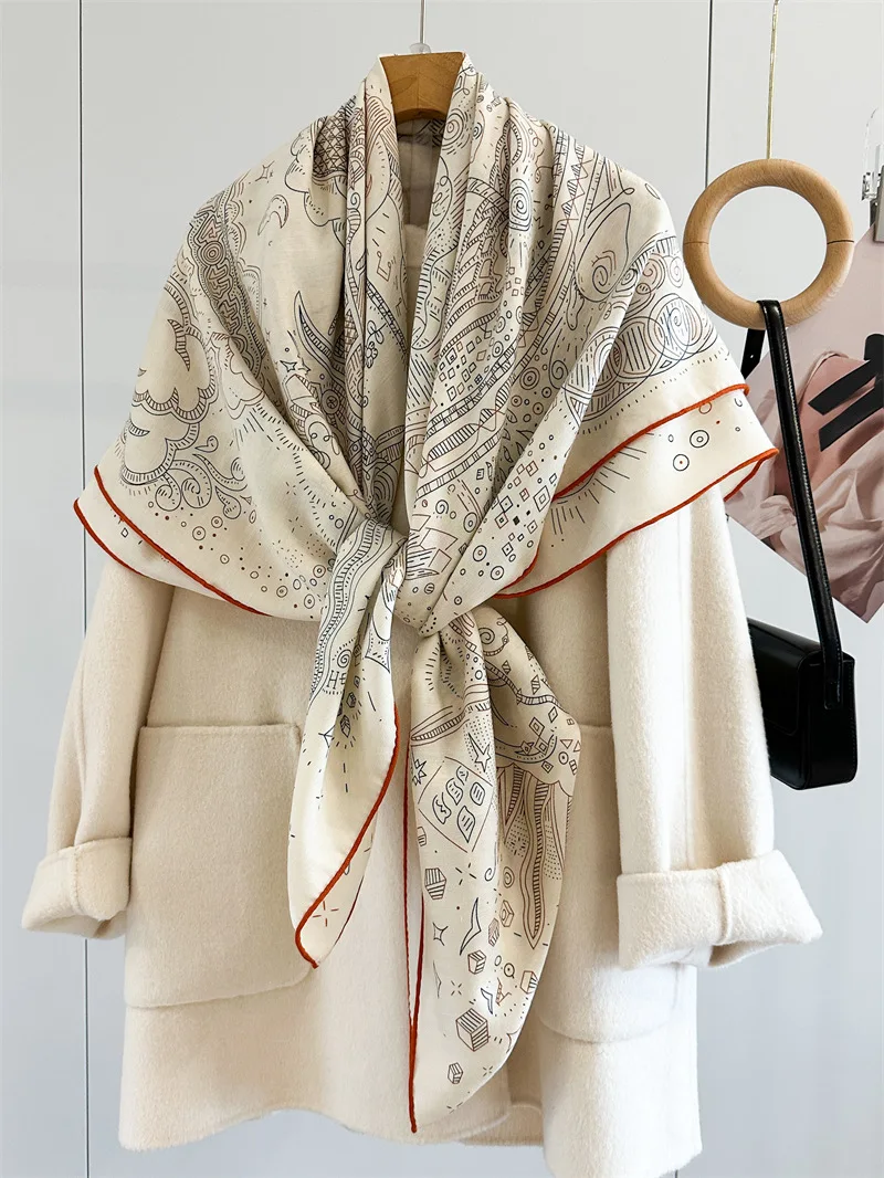 وشاح مربع من الصوف الحريري متغاير الجوانب للخريف والشتاء وشاح مخملي دافئ شال نسائي