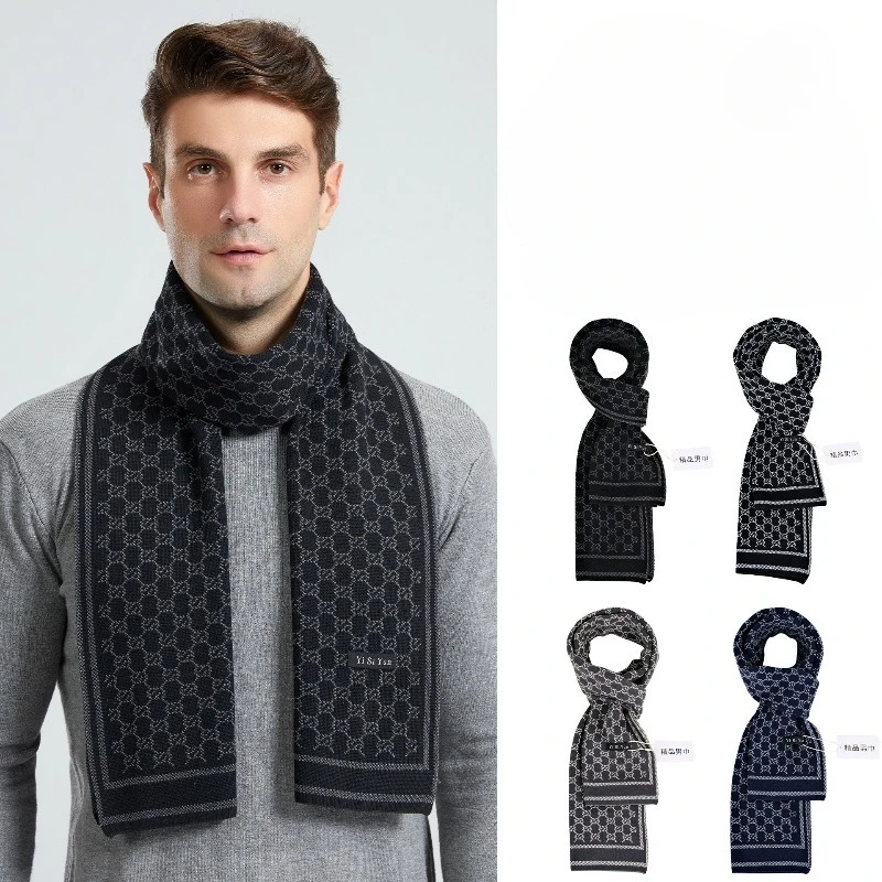Winter Scarf For Men Check Stripe Paisley Immitation Cashmere Elegant Jacquard Scarves Double Side Warm Windproof Neck Snood