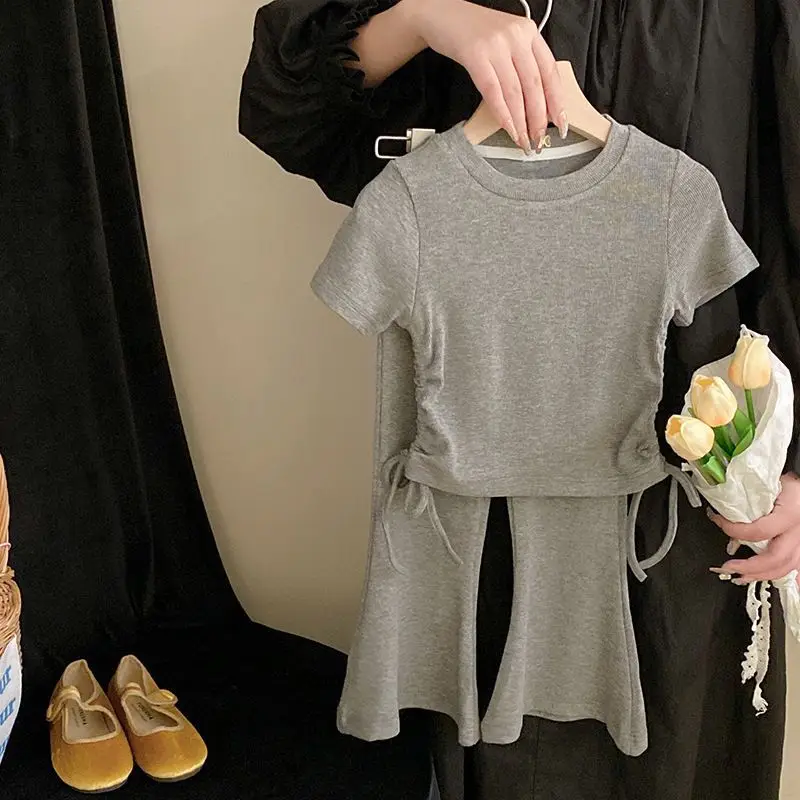Girls short sleeved set summer outfit 2025 new baby trumpet pants ultra thin casual two piece set T shirt