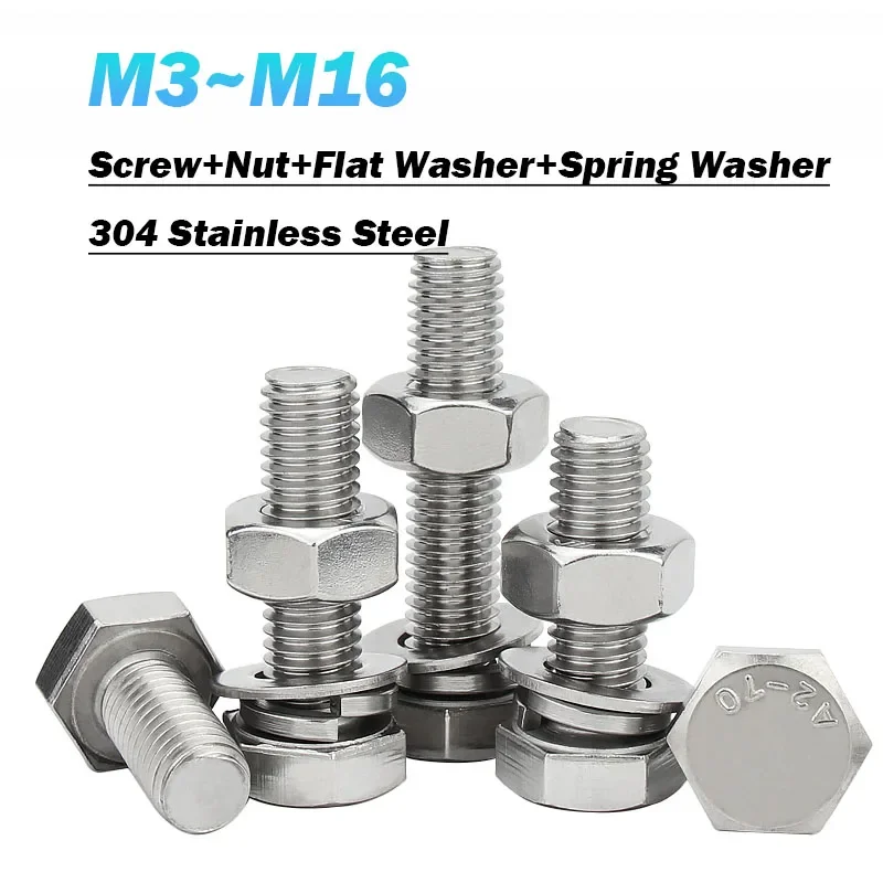 4 In1 Set 304 Stainless Steel M3 M4 M5 M6 M8 M10 M12 M14 M16 Hexagon Screw Nut Flat Washer Spring Washer Gasket Bolt Combination