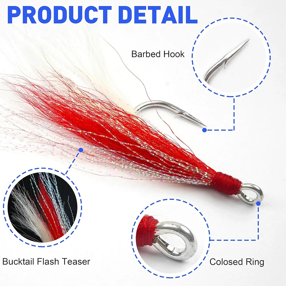 20Pcs Bucktail Teaser Fishing Hooks Feather Fishing Jig Hooks Tied Crystal Flash line for Striper Bass Cod Flounder Hi/Lo Rig