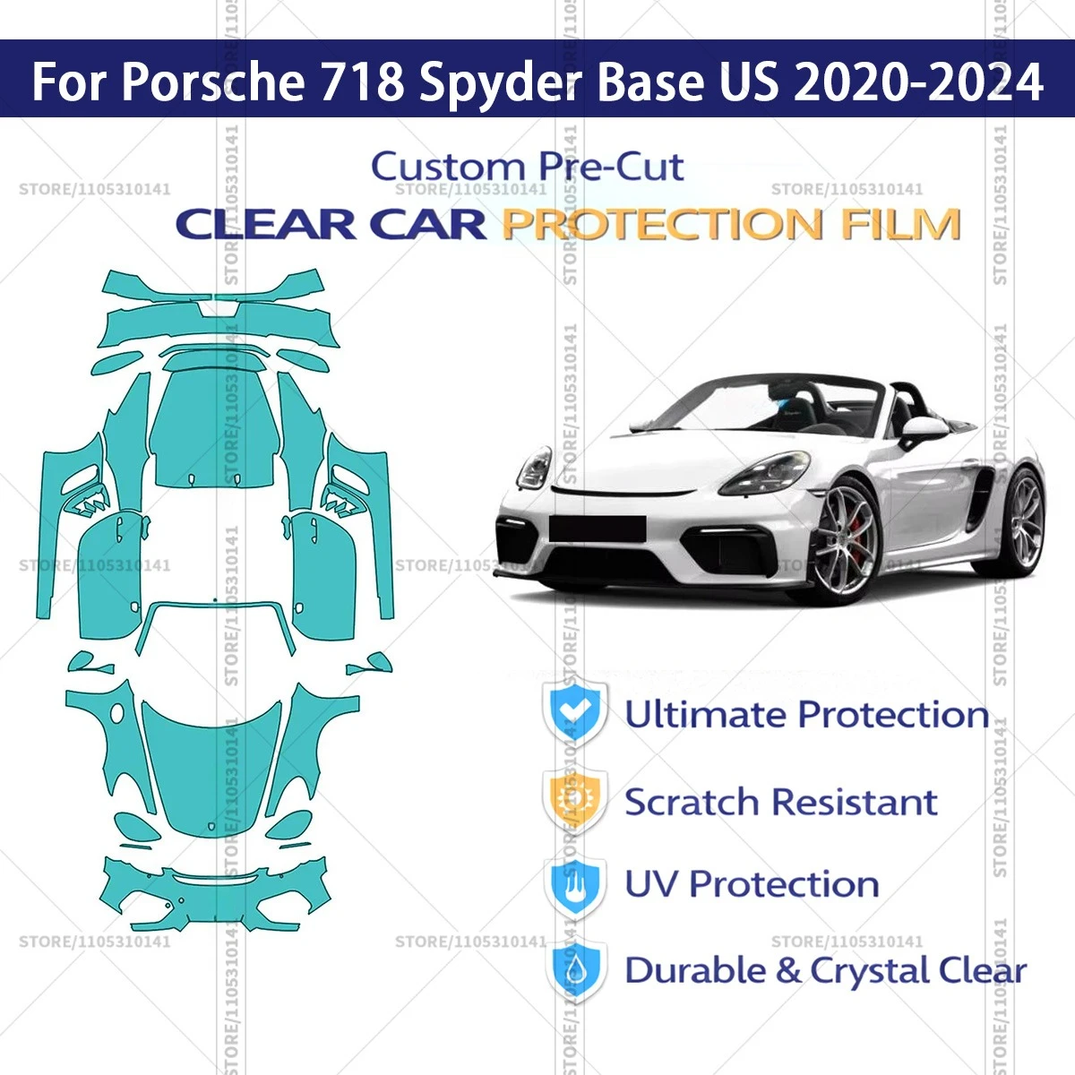 

Защитная пленка PPF для Porsche 718 Spyder Base US 2020-2024, предварительно вырезанная, прозрачная, профессиональная автомобильная пленка PPF