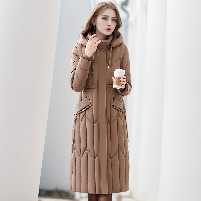 Slim Fit Women's Winter Quilted Jacket Geometric Print Spliced Zipper Fly Hooded Coat For Female Long Windproof Lady's Jacket