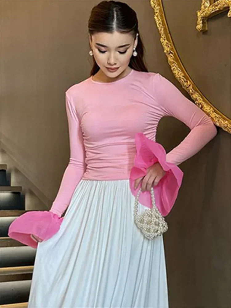 Mesh Ruffled Patchwork T-shirt Top For Women Long Sleeve High Waist Cropped Top Pullover Streetwear Female Slim Y2k Top