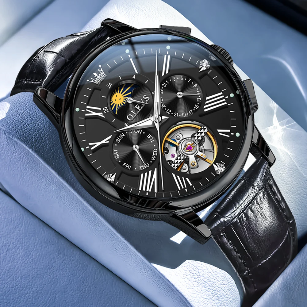 

OLEVS Tourbillon Мужские часы Moon Phase Hollow Man Механические наручные часы Роскошные автоматические часы с датой Глубокие водонепроницаемые часы для мужчин