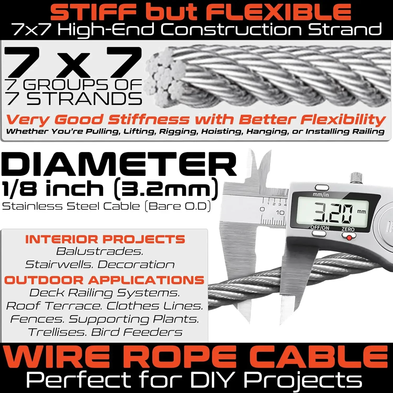 Cortadores de corda de fio de aço inoxidável resistentes + cabo de aço inoxidável de 400 pés Hardware de trilhos de cabo de deck de 1/8 polegadas. Inox St
