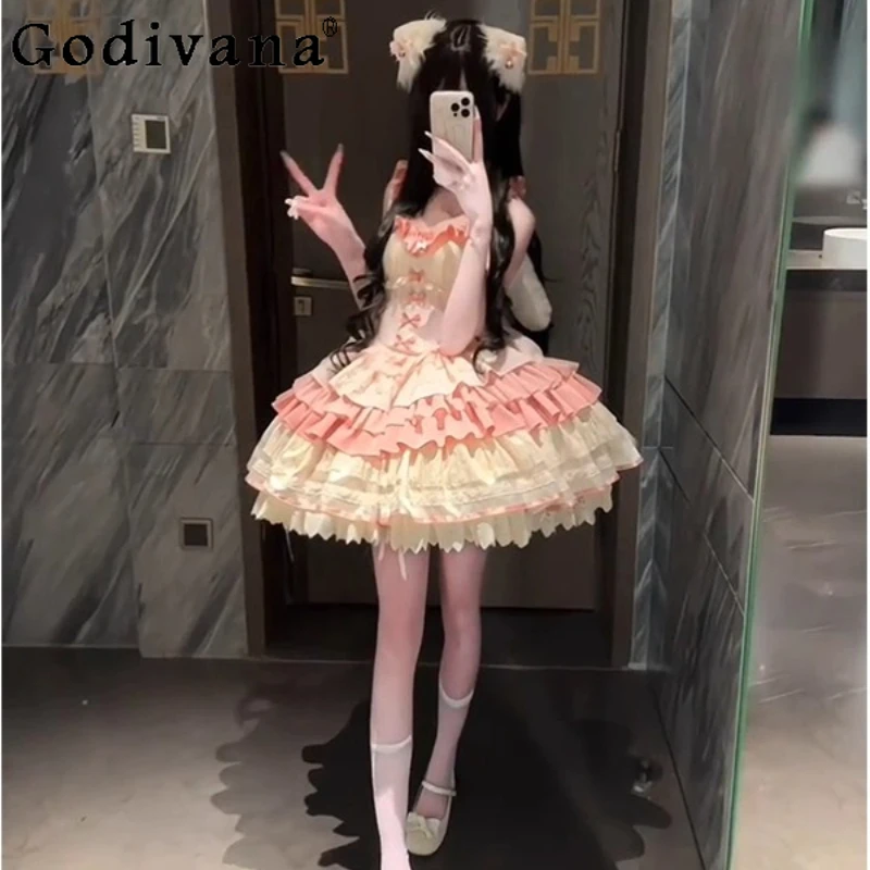 

Pink Layered Lolita Sweet JSK Dress for Women Cute First Love Sweet Princess Cake Dress Female Summer Daily Party Dress