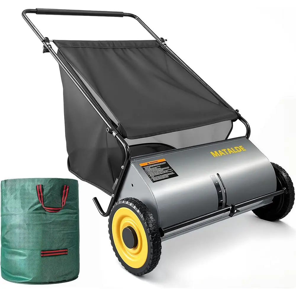 

26 Lawn Sweeper with 7.5 ft³ Hopper, 100L Leaf Bag, 4-Height Adjustable Brushes, Steel & Rubber Wheels - Efficient Leaf and Gras