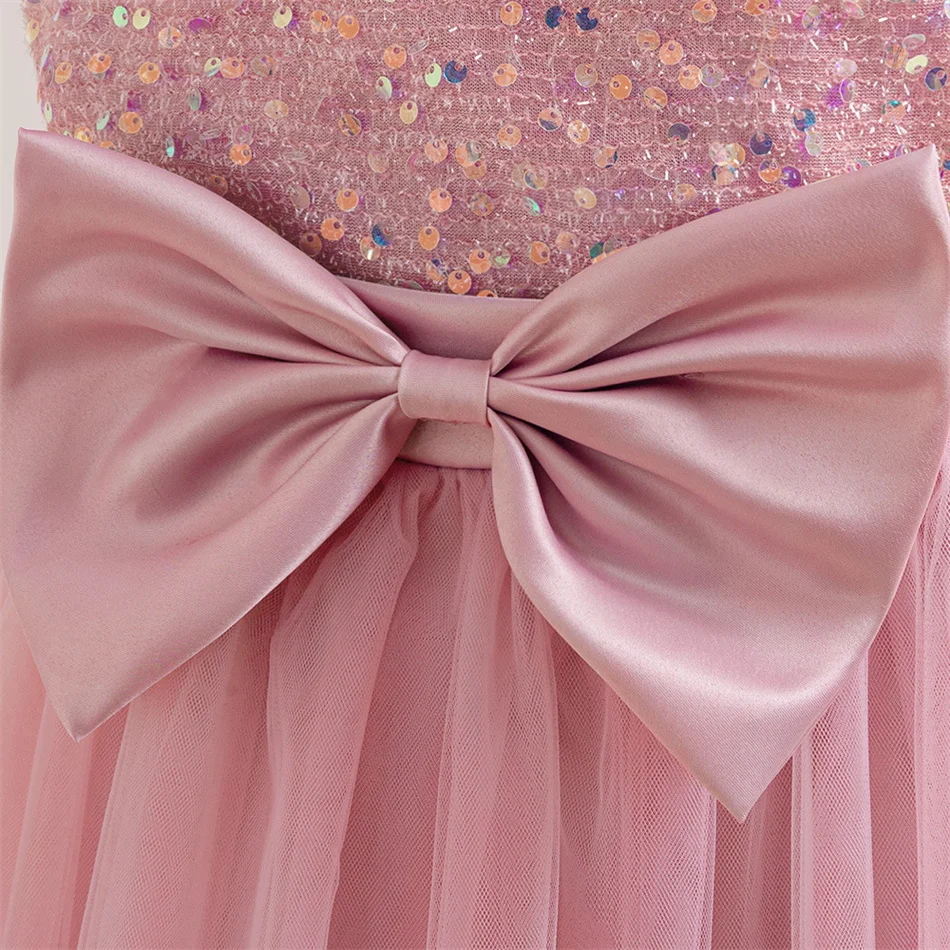 الفتيات الصلبة الترتر شبكة القوس ثوب مسائي رسمي للأطفال أداء البيانو المضيف زي الأطفال الزفاف فستان الأميرة الأنيق