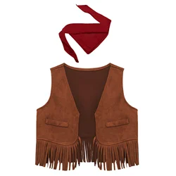 Baby Western Cowboy Cosplay Costume Suede Tassels Vest Waistcoats with Bandanna Children Halloween Carnival Party Fancy Dress Up