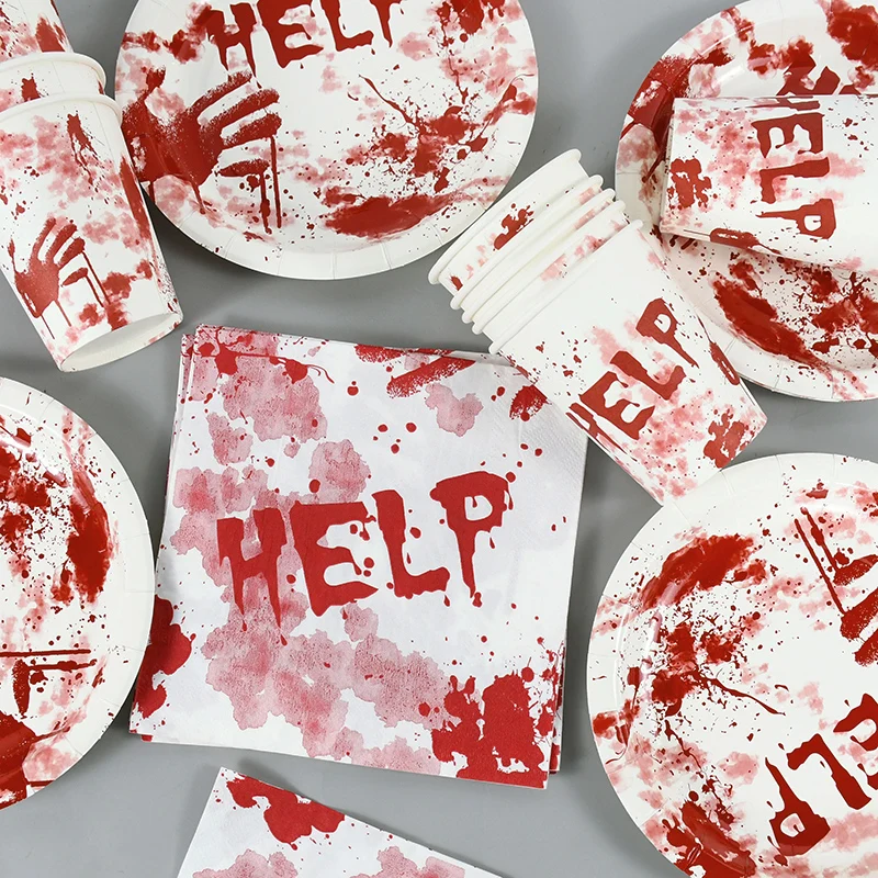 

Halloween Decoration Horror Bloody Handprint Tableware Paper Plate Cup Napkin Halloween Party Haunted House Home Scary Supplies