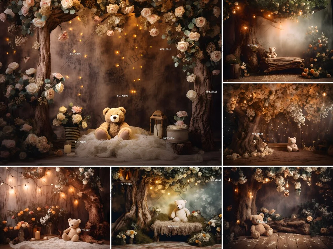 One Year Old Baby Birthday Backdrop Floral Bear in The Woods Children Portrait Photography Background Kids Baby Shower Banner