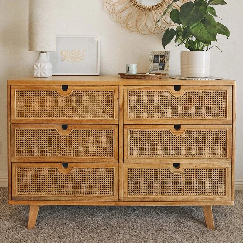 Rattan simple six chest cabinets ins Japanese solid wood designer four chest cabinets living room locker wall drawer cabinet