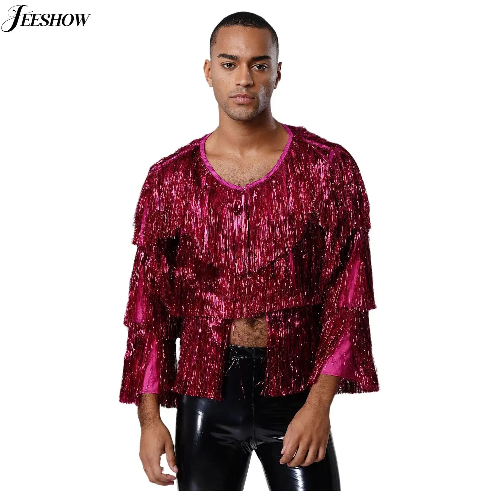 

Mens Shiny Metallic Fringed Jacket Holographic Tiered Tassel Bomber Jacket Blazers Music Festival Rave Dance Party Outerwear