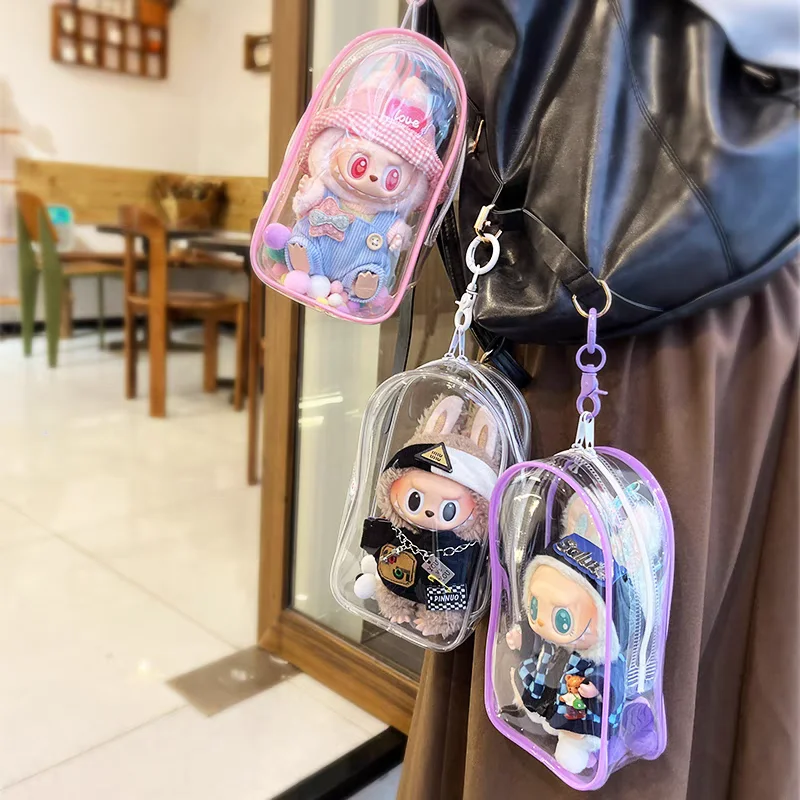 Colorful Transparent Labubu Protector Case Organizer Box for 17cm Labubu Plush Dolls Outdoor Display Bag With Keychain