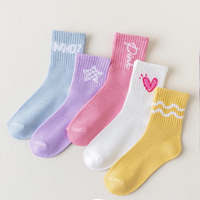 5-Color Mid-high Socks For Girls Aged 1-12 Years Old Autumn Classic Socks Fashionable High-elastic Flat Bottom Love Pattern