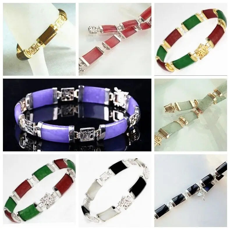 

Natural Jade & Agate & Turquoise Gemstone Lucky Link Bracelet Silver/Gold Plated