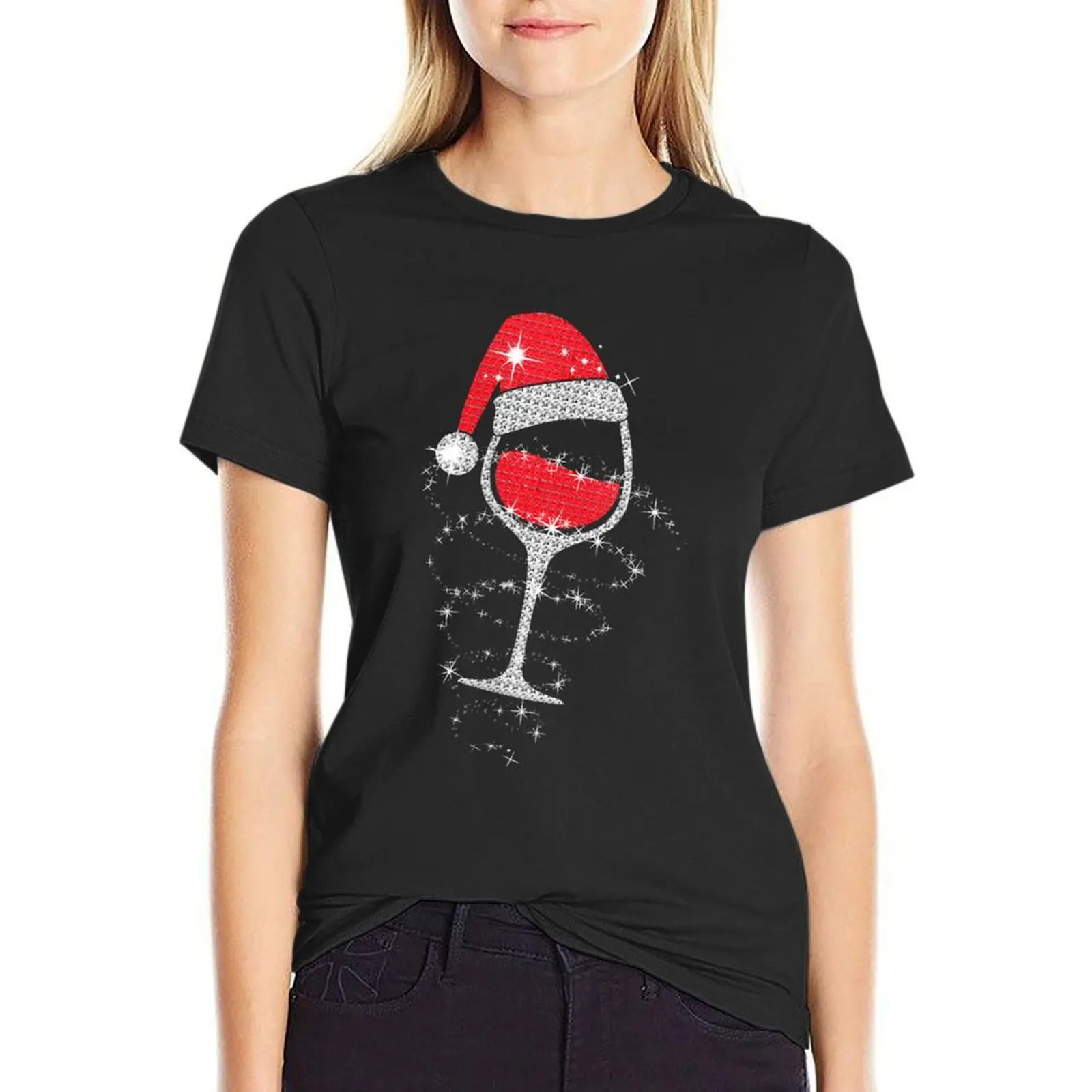 Womens Wine Glasses Santa Hat Christmas Funny Wine Lover Gifts Xmas VNeck T-Shirt quick drying Womens graphic t shirts