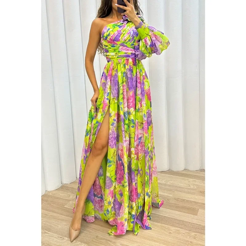 Vestido informal con abertura y estampado atado en la cintura de manga larga de otoño para mujer con cuello inclinado y hombros descubiertos vestido de moda para fiesta navideña