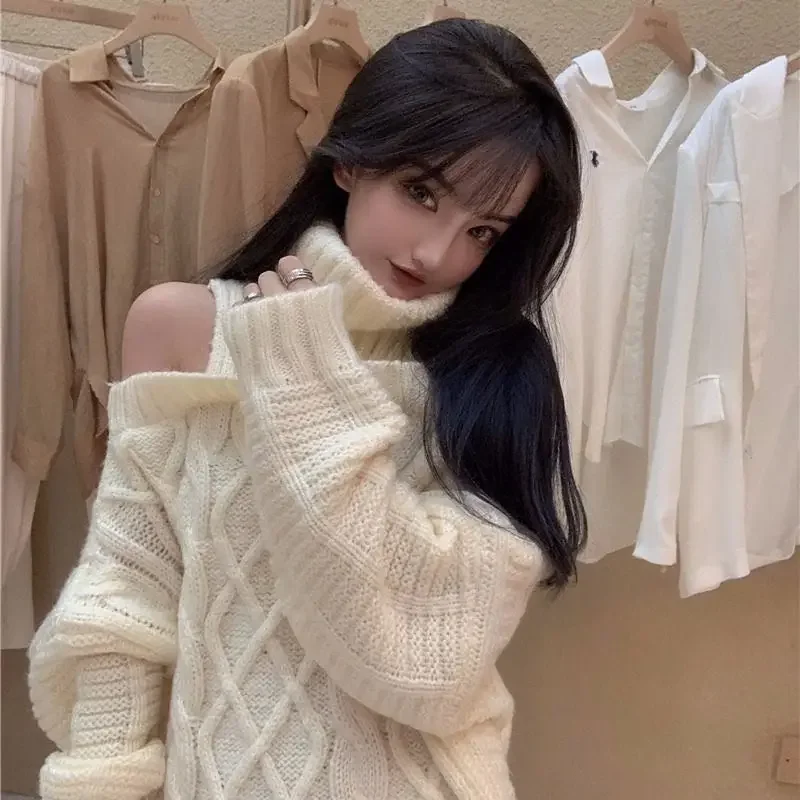 2020 New Winter Korean Style Sweaters Knitted Solid Color Pullovers Turtleneck Sweater Women Warm Off Shoulders Womens Clothes