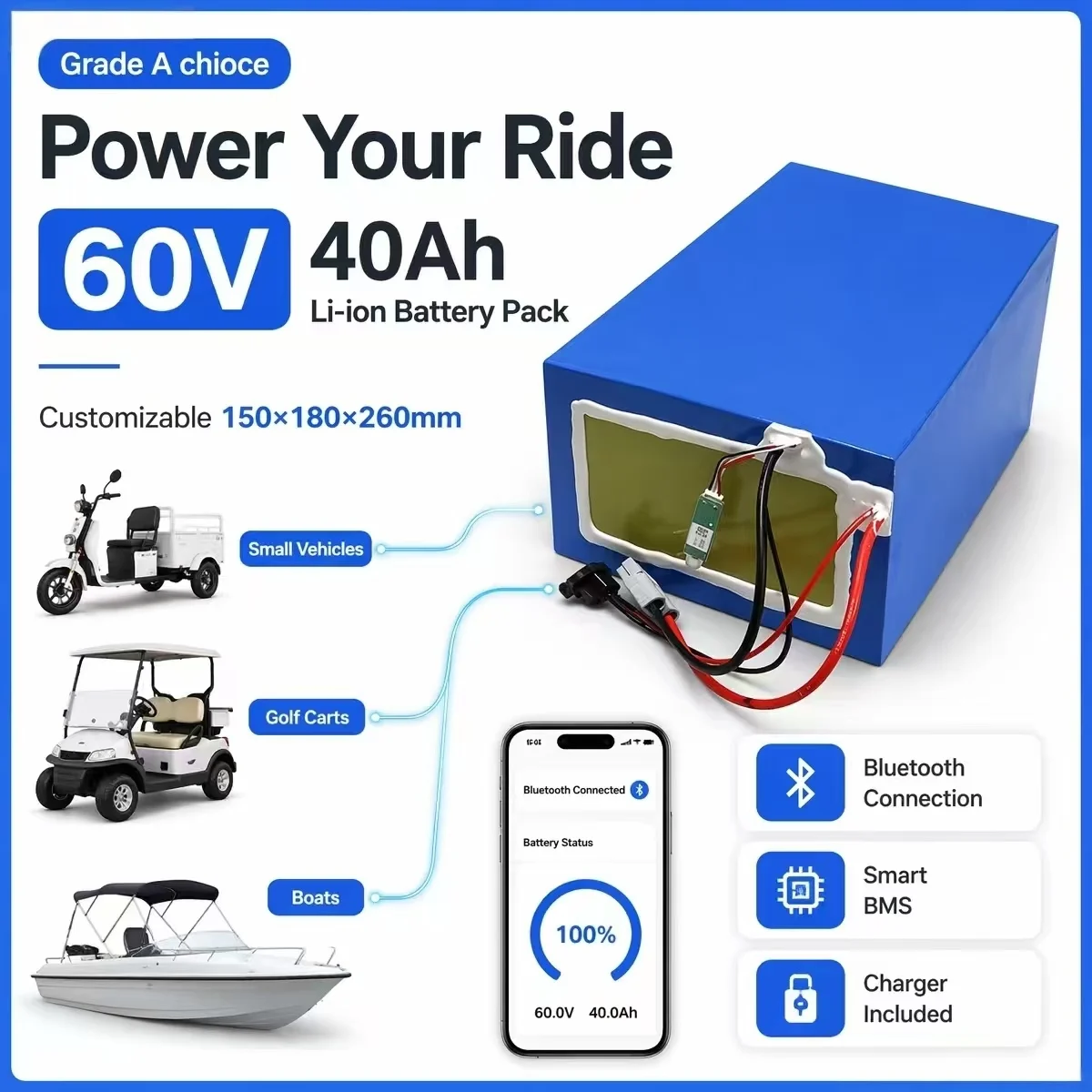 60v 40ah lithium battery pack li-ion customizable 150*180*260mm for boats, golf carts and small vehicles power supply