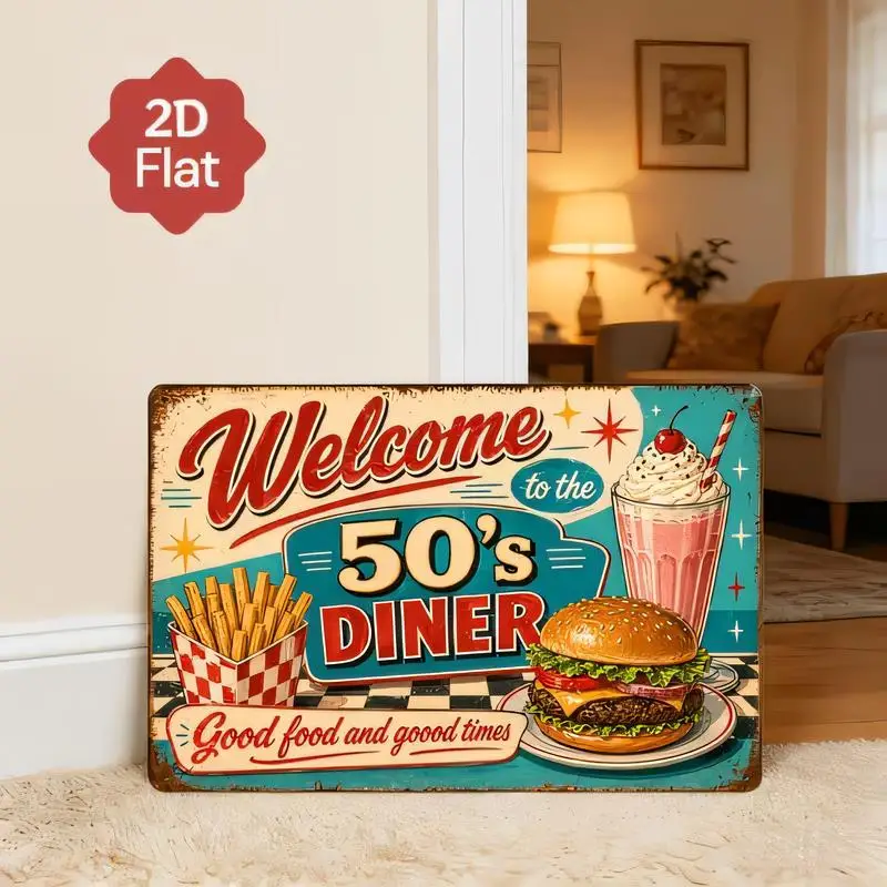 Letrero metálico de estilo vintage de los años 50, con motivos de restaurante de comida rápida: arte mural retro (hamburguesa, batido de leche, patatas fritas). | Decoración de Hierro para el Hogar/Restaurante/Cafetería | Diseño vibrante de los años 50,
