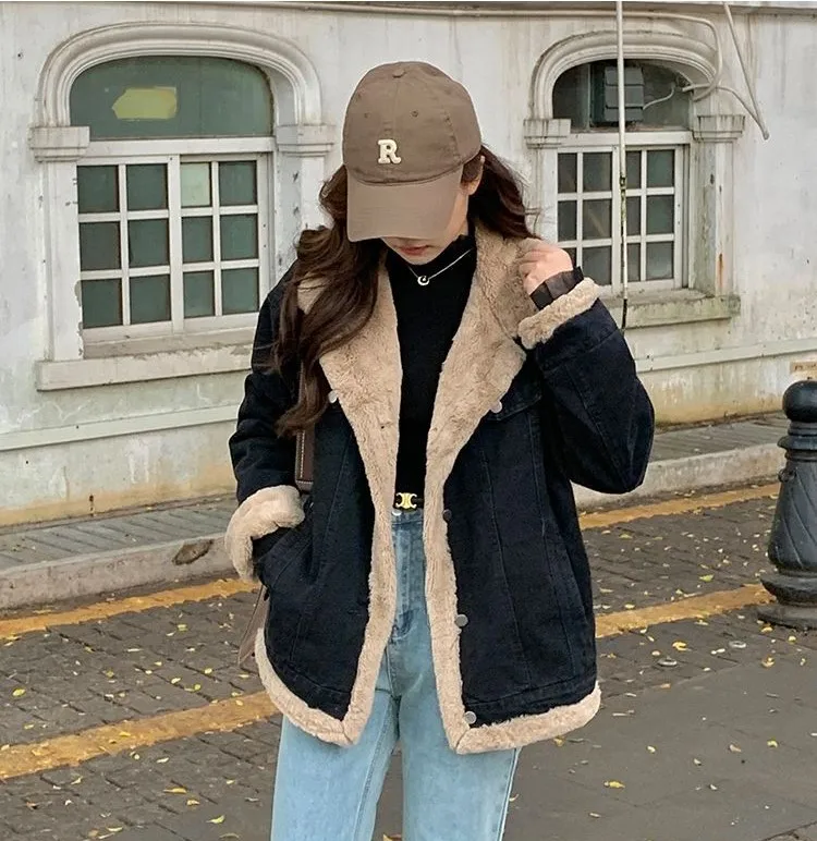 

Denim Coat For Women Dark Fur Plush Womens Fall Quilted Ultra-Light Breathable Snap Button Standneck College Outwears Jackets BF
