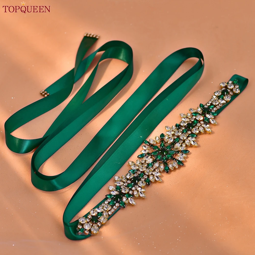 TOPQUEEN Bridal Wedding Belt Handmade Moroccan Rhinestone Belt Banquet Dress Accessories Green Jewelry Applique S319-KL