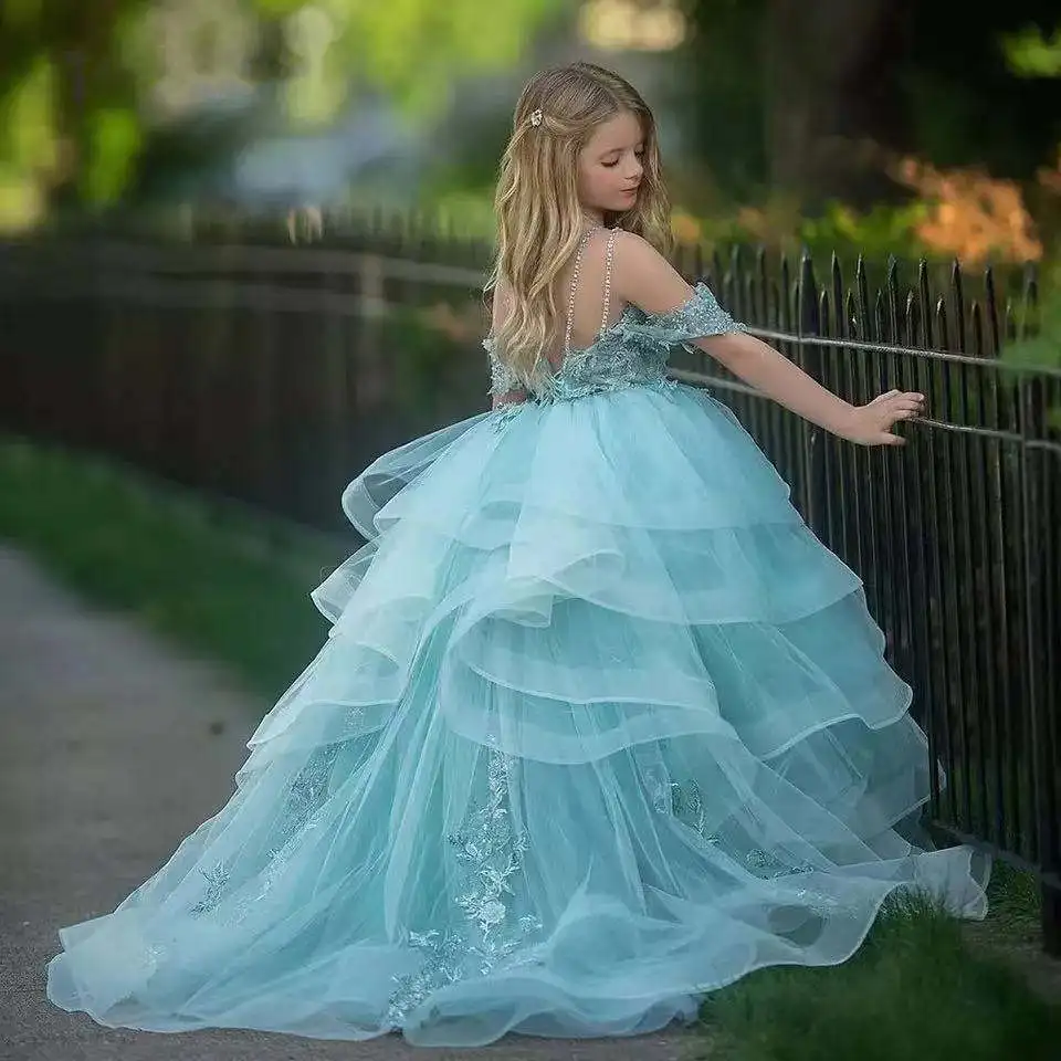 Maßgeschneidertes Schulterfreies Rückenfreies Luxus-Ballkleid für Mädchen mit Stufenrock, Applikationen und Pailletten, Blumenmädchenkleid, Erstkommunionskleid – Detail 4