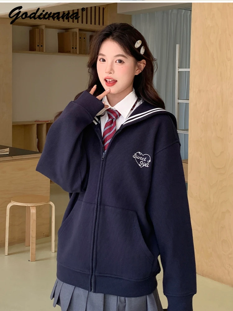 Preppy Style fille étudiant col marin à manches longues brodé lâche fermeture éclair Cardigan veste femmes printemps et automne manteau à capuche
