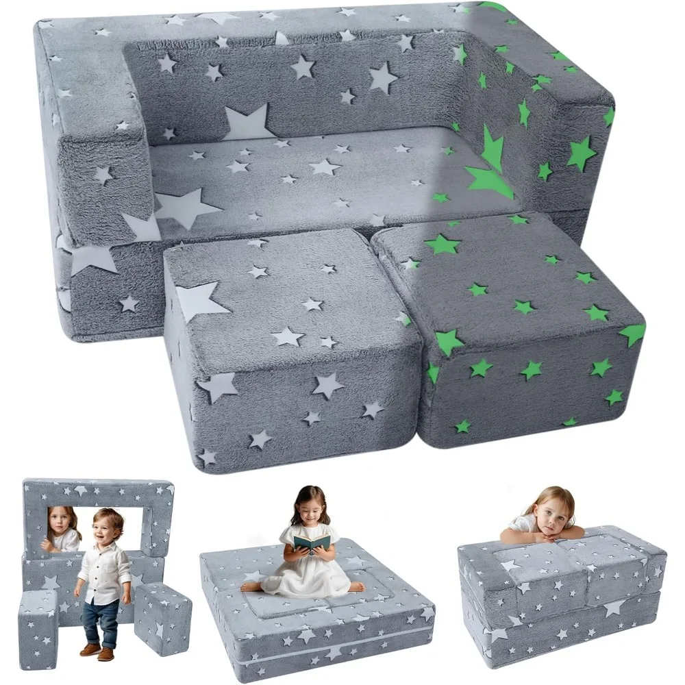 Modular Kids Play Couch Sofa – Glow in The Dark Star Design, Fold-Out Toddler Couch for Playroom Furniture, Grey