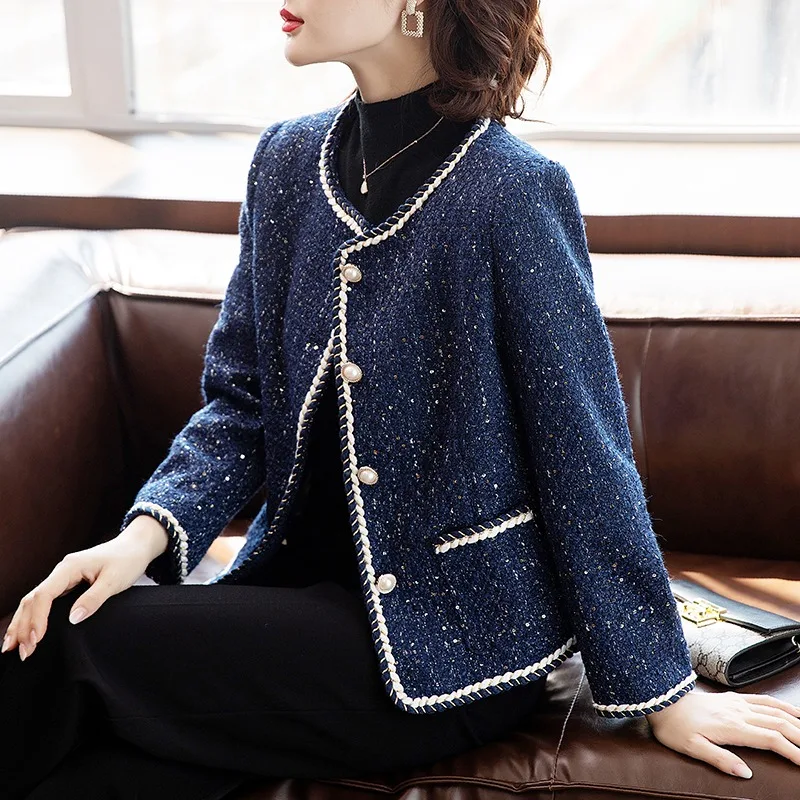 

Women's Fragrant Style Short Color Contrasting Coarse Woolen Blazer Retro Round Neck Woven Single Breasted Woolen Suit Jackets