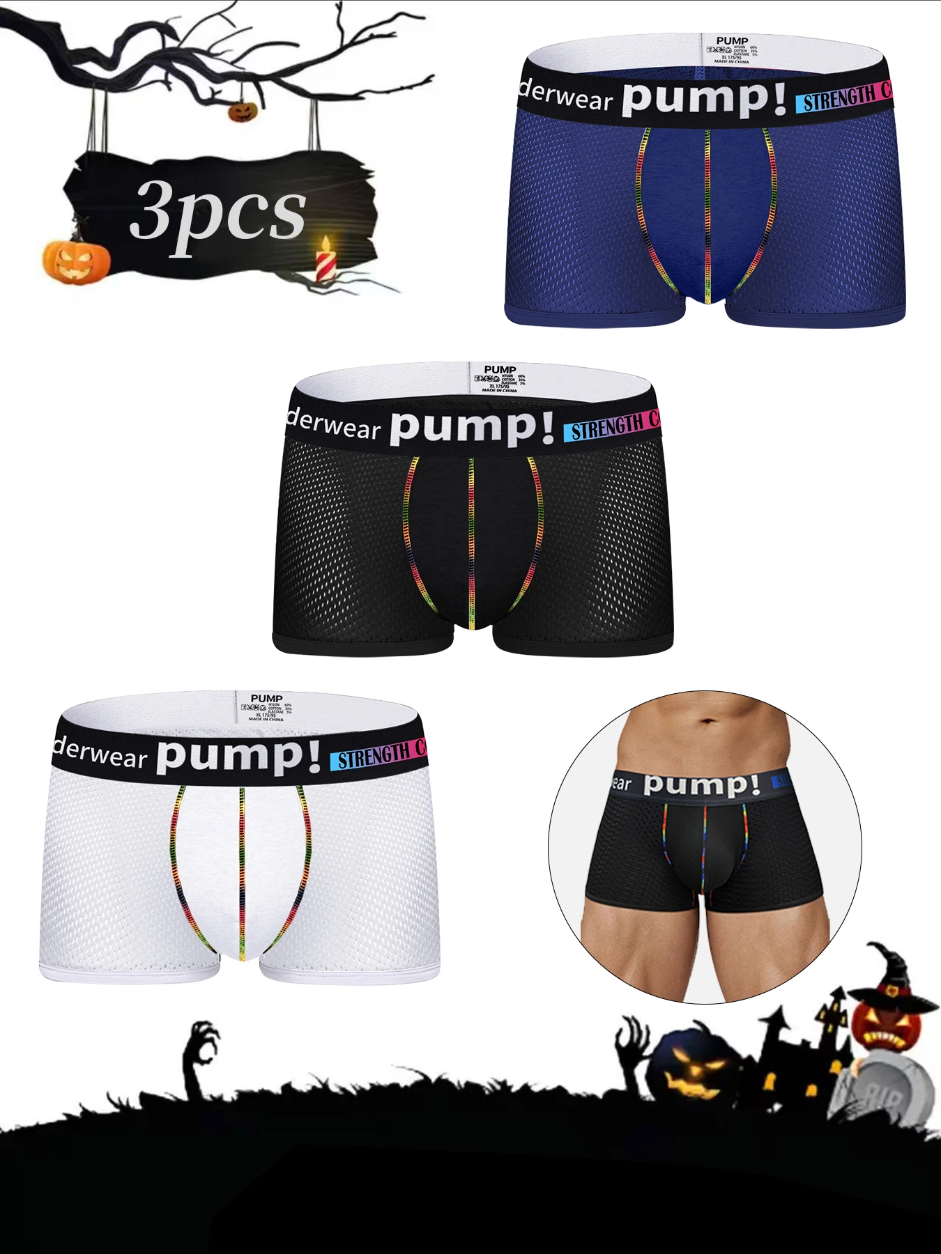 

3pcs-Happy Halloween Men's Low-Rise Mesh Briefs - Breathable, Sexy, Sporty, and Fashionable Solid Color Shorts