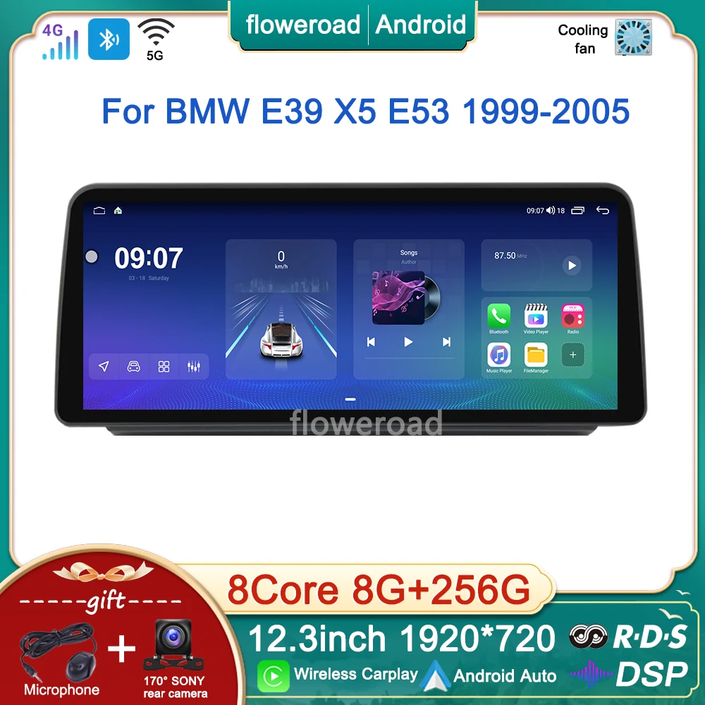 

12.3inch Android For 5 Series BMW E39 X5 E53 1999 -2005 Car Radio Multimedia Player GPS Navigation Stereo Auto Carplay 8GB+256GB