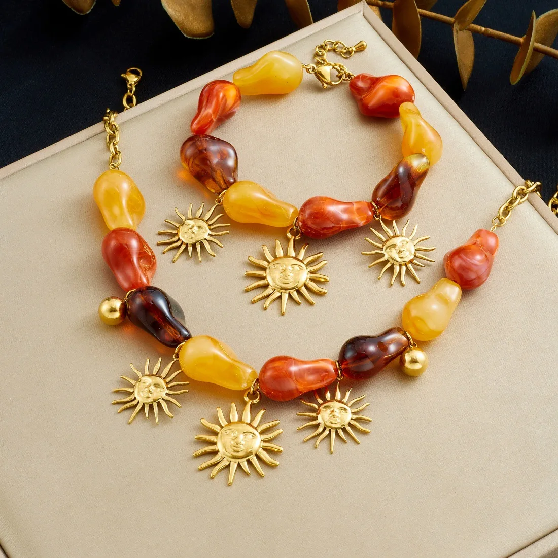 Vintage Colorful Resin Bead Chain Necklace Bracelet Sets for Women Stainless Steel Sun Flower Pendant Jewelry Set Party Gift