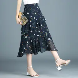 Elegante Vintage Vrouwen Bloemen Chiffon Midi Rok Koreon Mode Nieuwe Hoge Taille Y 2K Onregelmatige Ruches Lente Zomer Casual Rokken