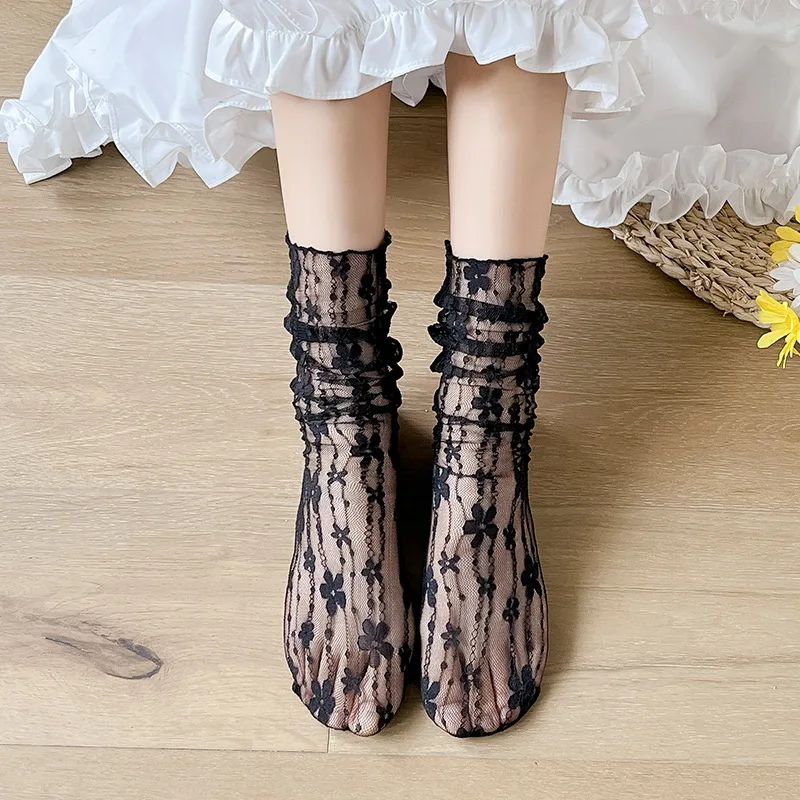 Socks Woman Summer Thin Floral Black White Lace Lolita Cute Stockings Women Lingerie Middle Tube Socks for Women