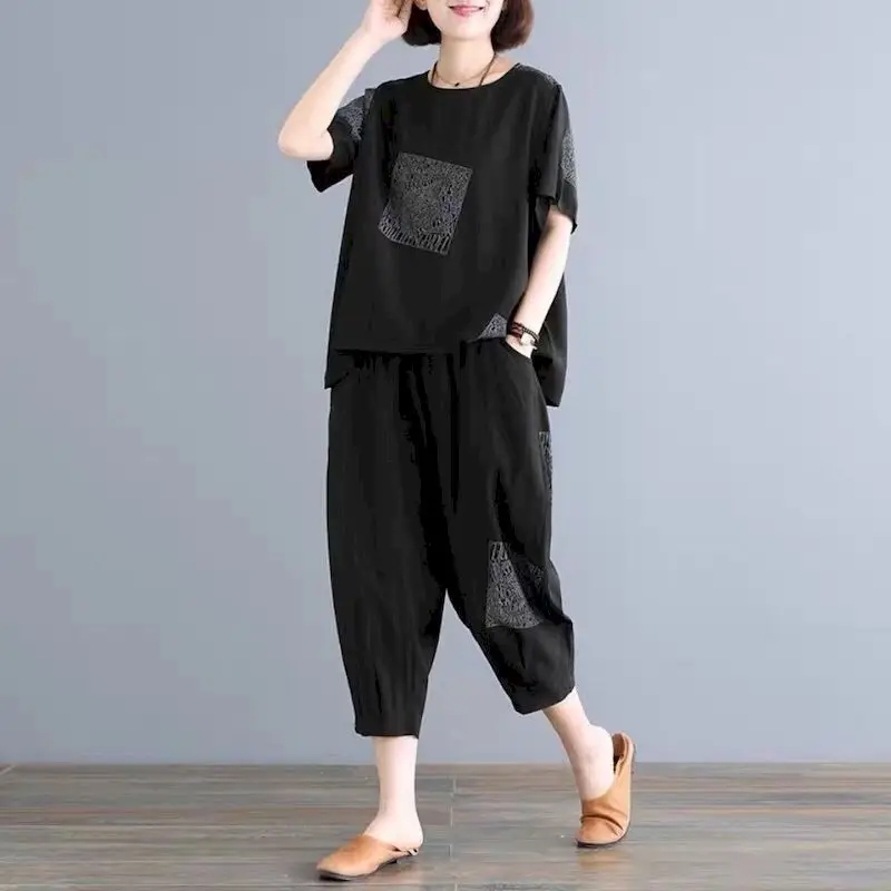 Casual Loose T Shirts Sets Women 2024 Summer Aesthetic Clothes Design Print Oversized T-shirt Crop Pants Two Piece Set Vintage