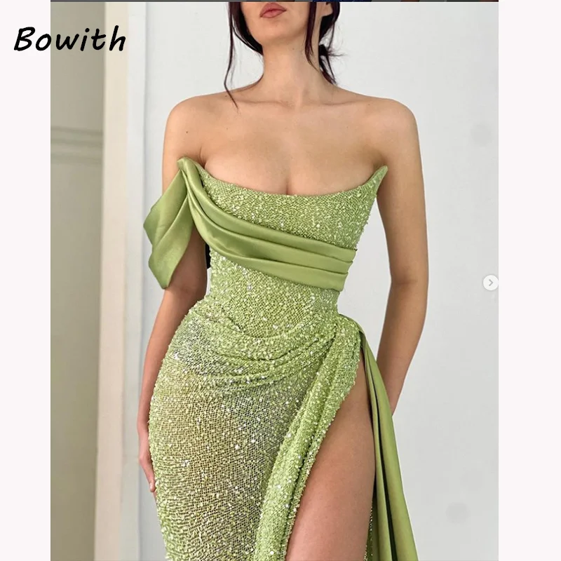 Bowith Long Evening Dress Elegant For Women Prom Split Dresses Wedding Party Formal Occasion Green One Shoulder Gown vestidos