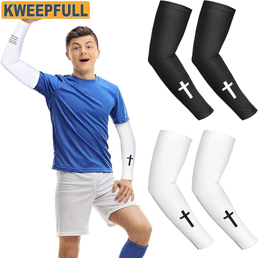 1Pair UV Cooling Compression Arm Sleeves with Christian Cross Design, Breathable Sports Arm Covers for Youth Football, Baseball
