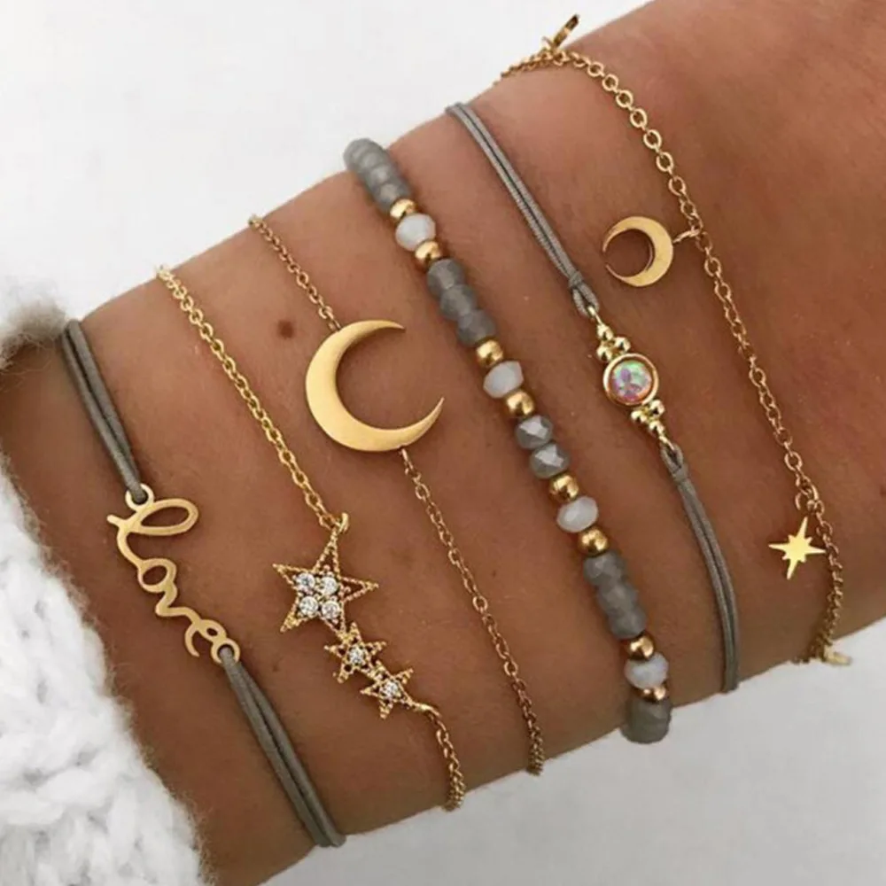 Fashion New Bohemian Black Rope Chain Bracelet Set For Women aircraft Shell Moon Heart crystal Charm Bangle Boho Jewelry Set