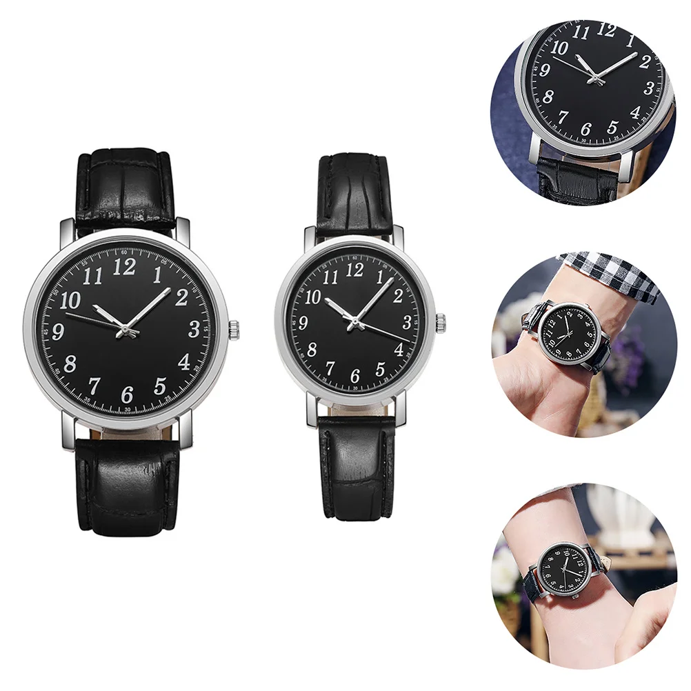 2 قطعة ساعة يد للزوجين من خليط معدني أسود كوارتز للرجال والنساء، حزام متين قابل للتعديل، أزياء ترفيهية #4